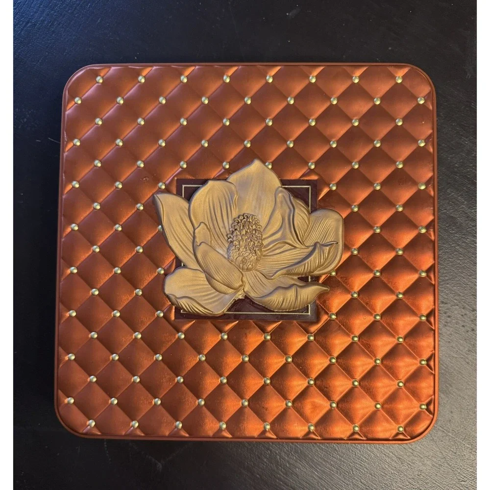 Copper Brown Quilt-Look Design w/Gold Dots & Magnolia Storage Tin 9